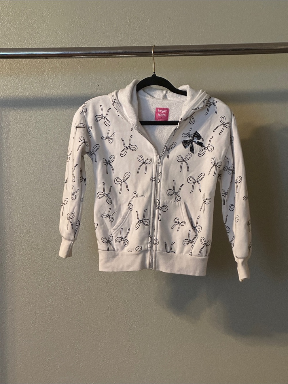 Girls' White Bow-Print Zip Hoodie with Rhinestone Accent